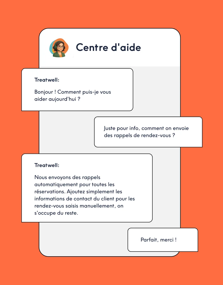 Conversation dans le Centre d'aide de Treatwell Connect sur l'envoi de rappels de rendez-vous